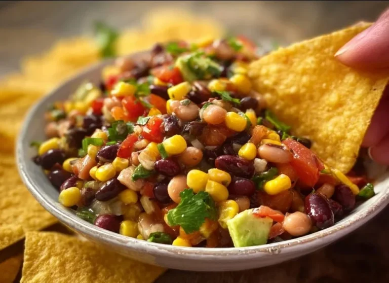 A vibrant bowl of cowboy caviar featuring beans, corn, and peppers