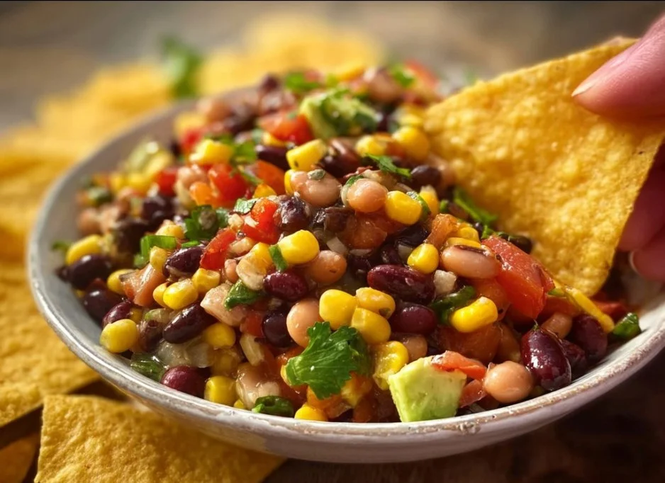 A vibrant bowl of cowboy caviar featuring beans, corn, and peppers