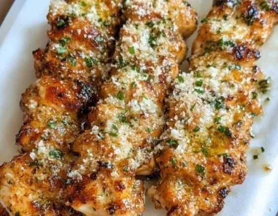 Delicious Garlic Parmesan Chicken Skewers garnished for grilling