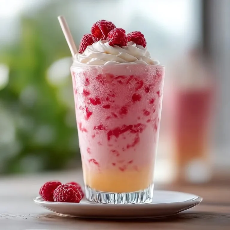 Raspberry Colada Twist cocktail garnished with fresh raspberries and coconut.