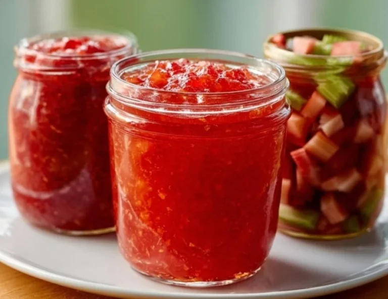 Jar of homemade Rhubarb Strawberry Jam on a wooden table