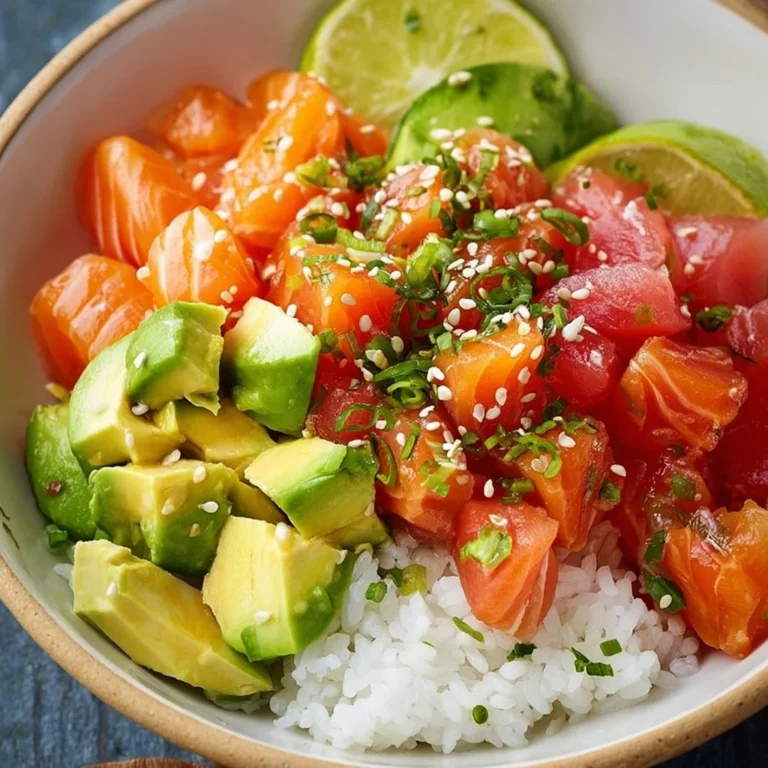 Salmon and Avocado Poke Bowl served with fresh ingredients and vibrant flavors