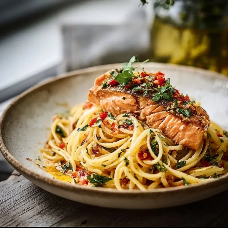 A plate of Salmon Linguine drizzled with chili oil, garnished with herbs.