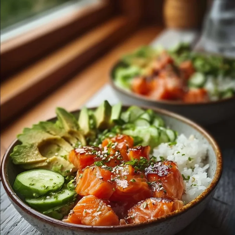 A colorful salmon rice bowl topped with fresh vegetables and sesame seeds.