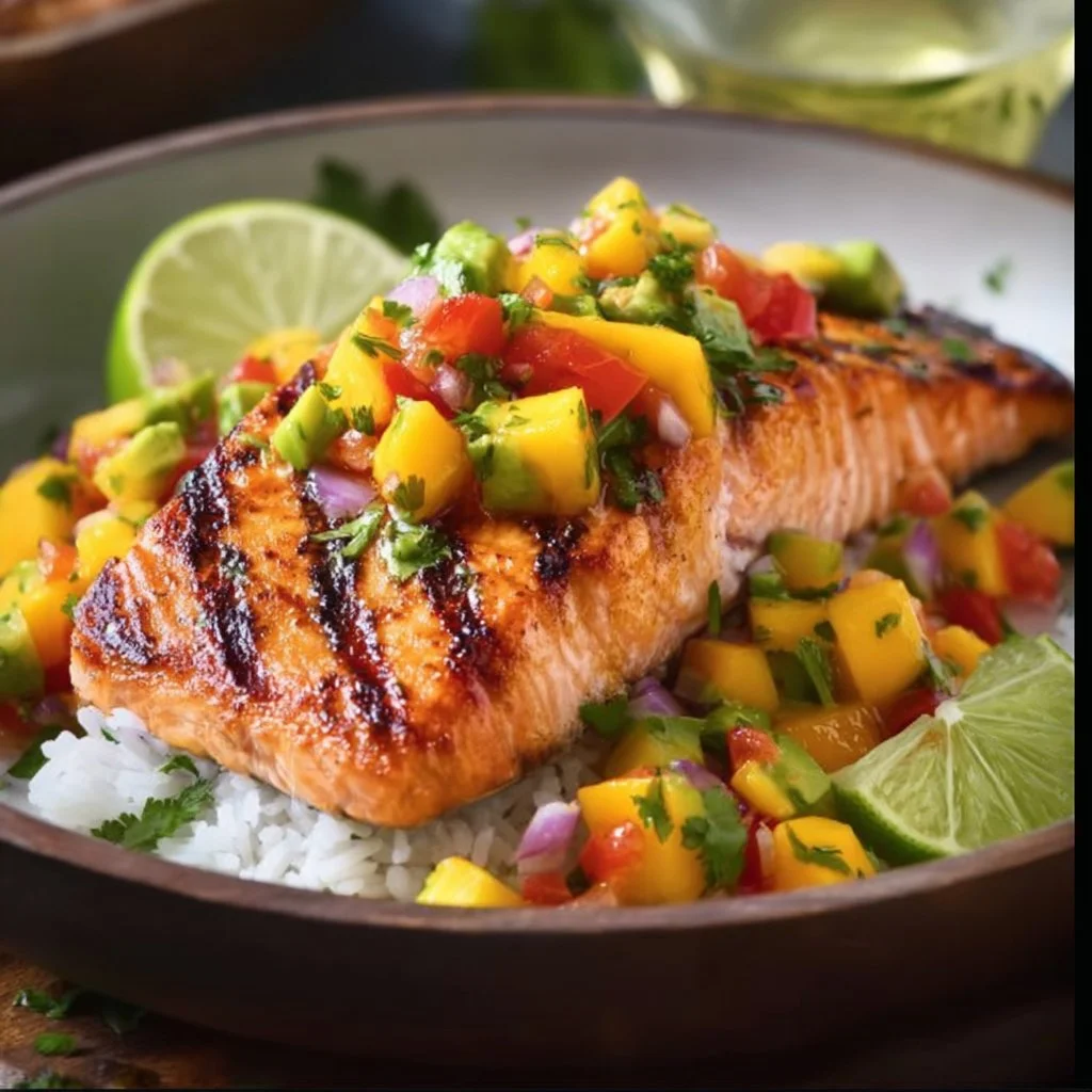 Grilled salmon topped with fresh mango salsa on a plate