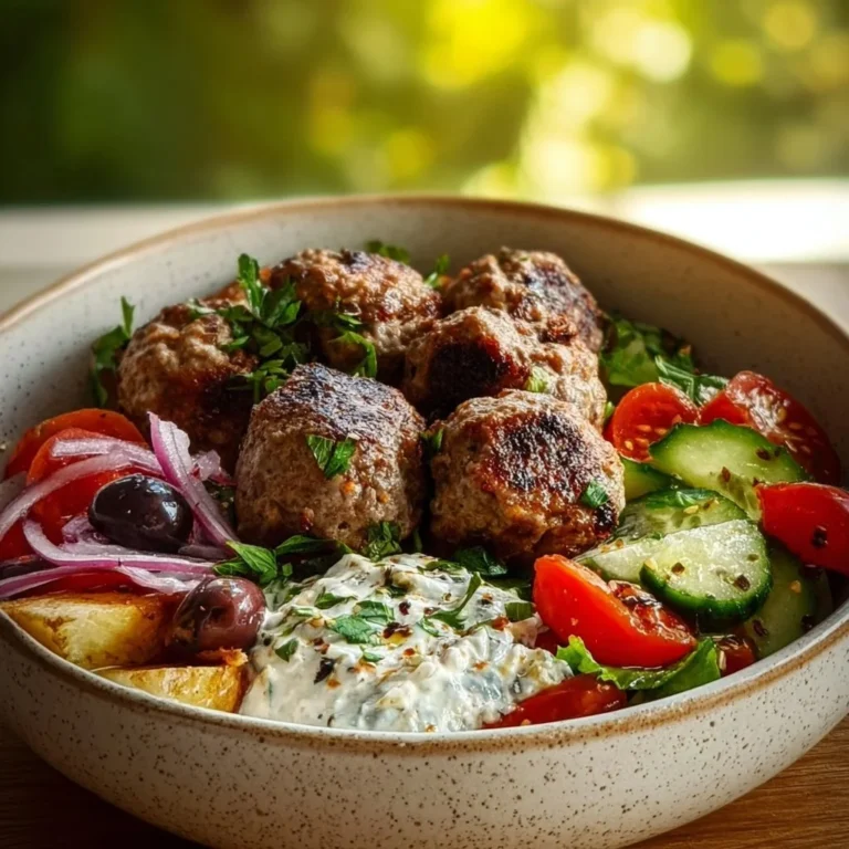 Delicious Greek Meatball Bowl with fresh ingredients and seasonings