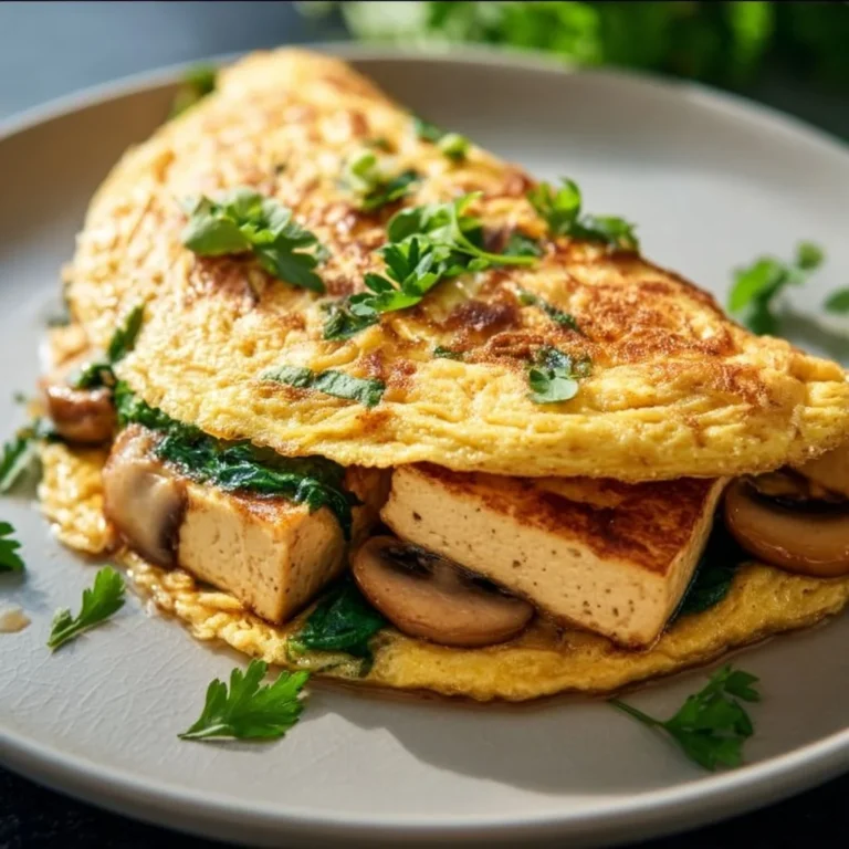 Savory vegan tofu omelette served with fresh herbs and vegetables