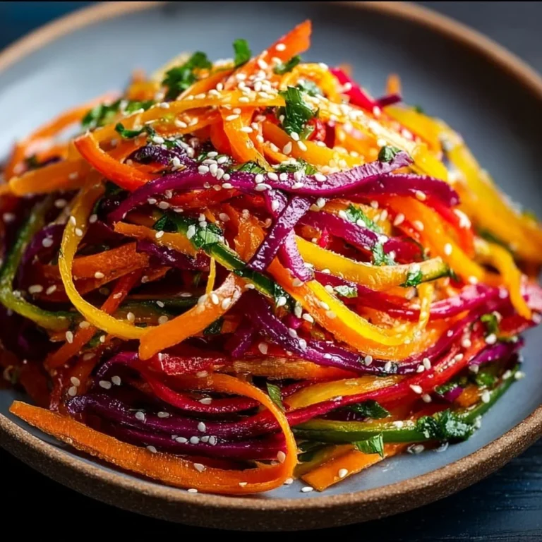 Shaved rainbow carrot salad with sesame dressing served in a bowl.