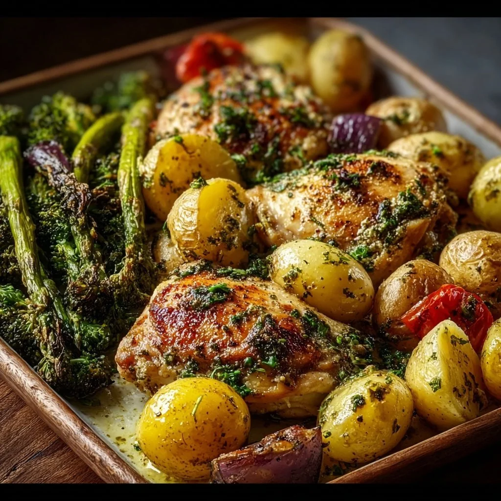 Delicious Sheet Pan Garlic Butter Chicken with colorful veggies for dinner