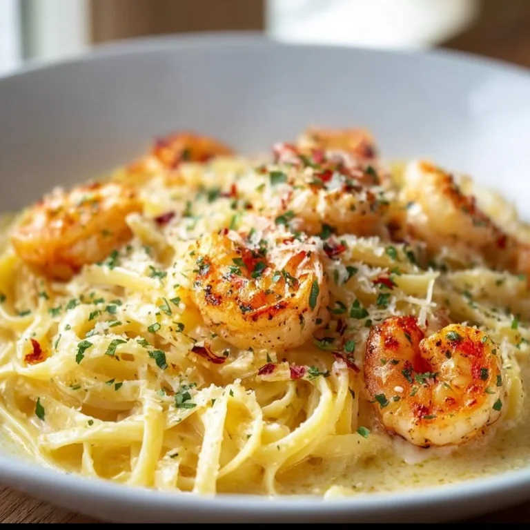 Delicious shrimp scampi garlic cream pasta served in a bowl.