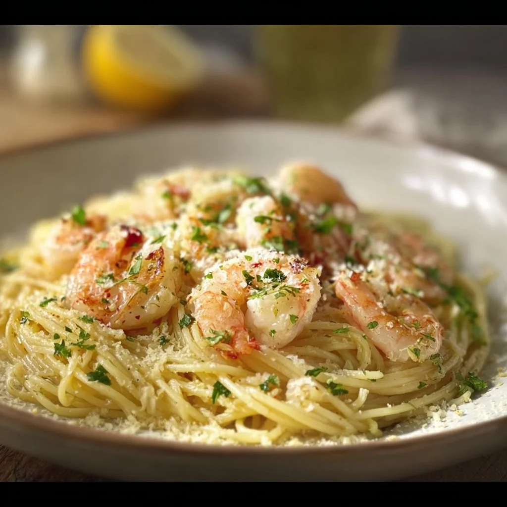 Shrimp Scampi Pasta garnished with lemon and garlic, showcasing a delicious seafood dish