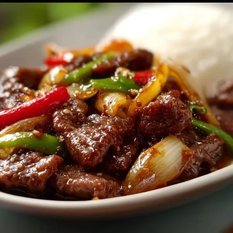 Sizzling Chinese pepper steak with onions served on a plate