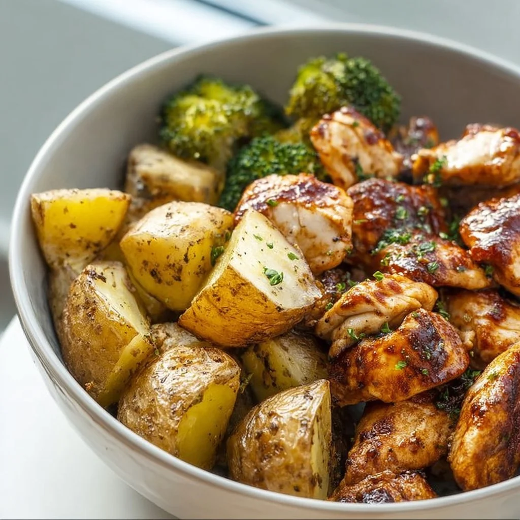 Skinny Chicken and Roasted Potato Bowl with fresh vegetables