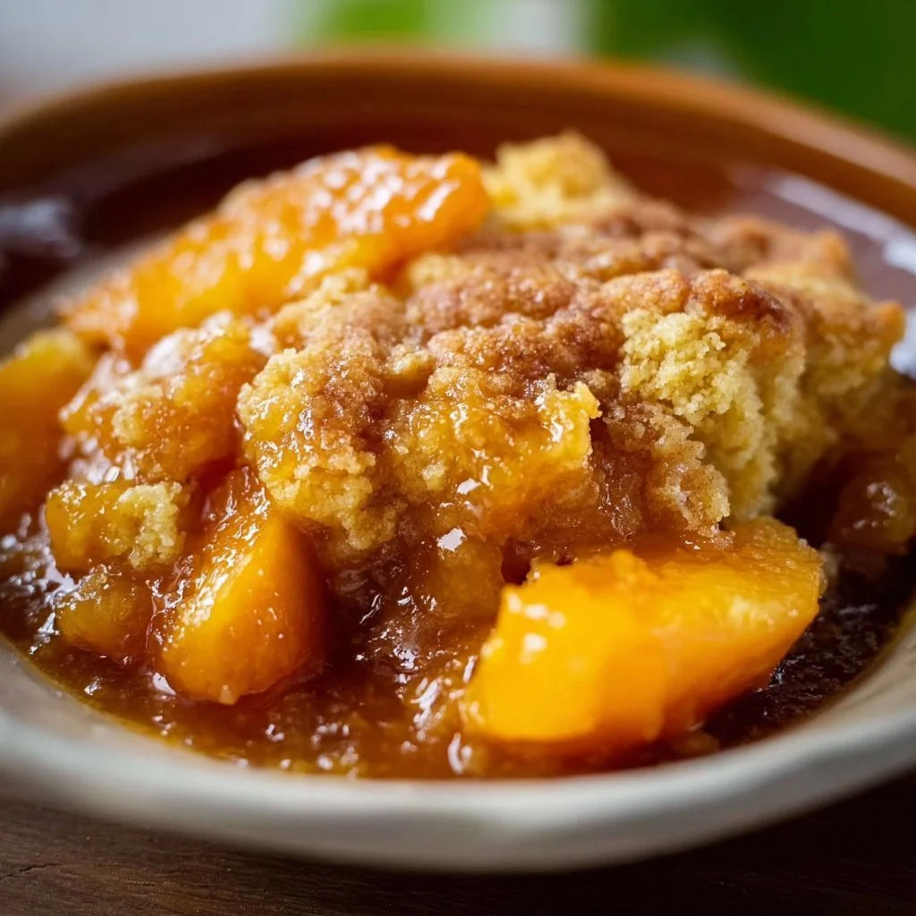 Delicious slow cooker peach cobbler with a golden crust and fresh peaches