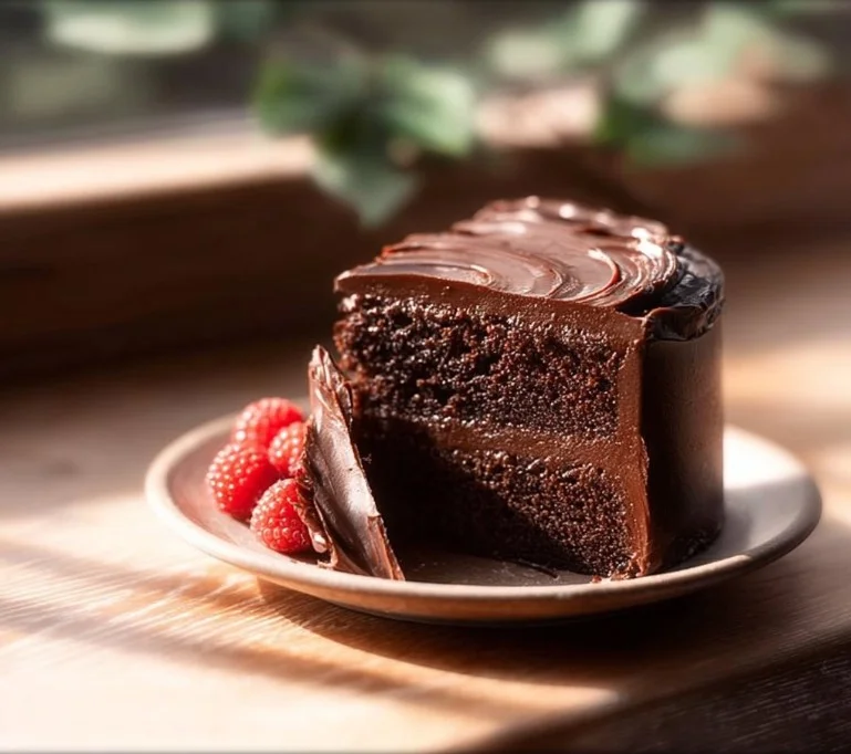 Delicious small chocolate cake topped with creamy frosting and chocolate shavings