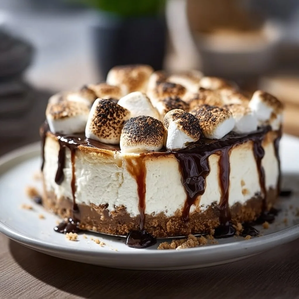 Delicious S'mores Cheesecake topped with chocolate and marshmallow fluff