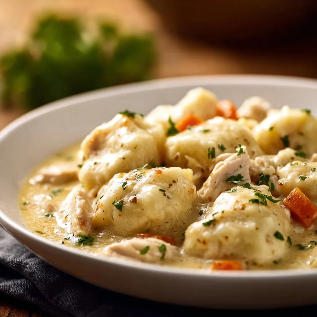 Bowl of Southern Chicken And Dumplings garnished with parsley and served hot.