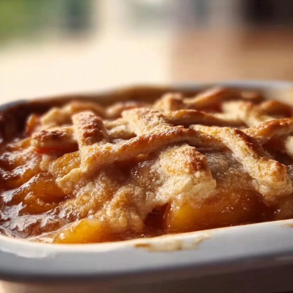 Delicious Southern peach cobbler with golden crust and juicy peaches