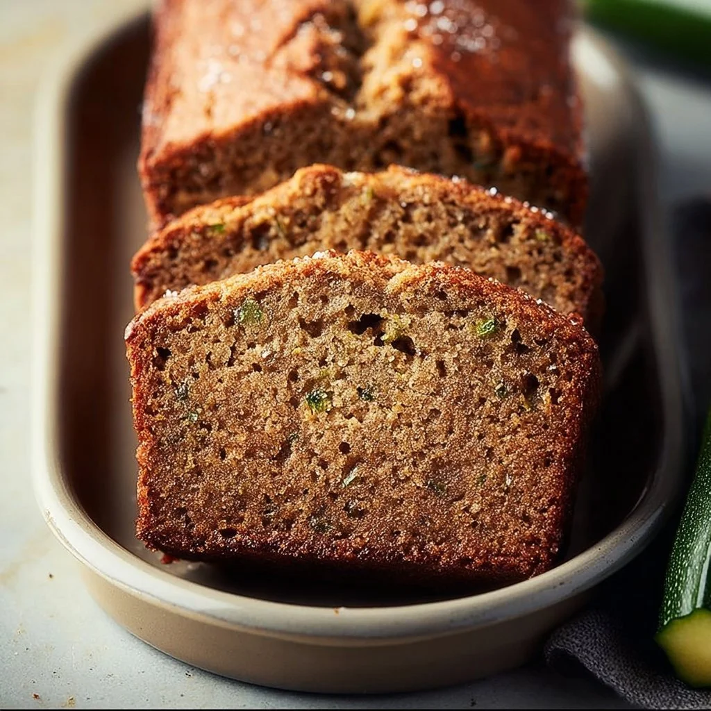 Slice of spiced zucchini bread with brown sugar on a wooden table