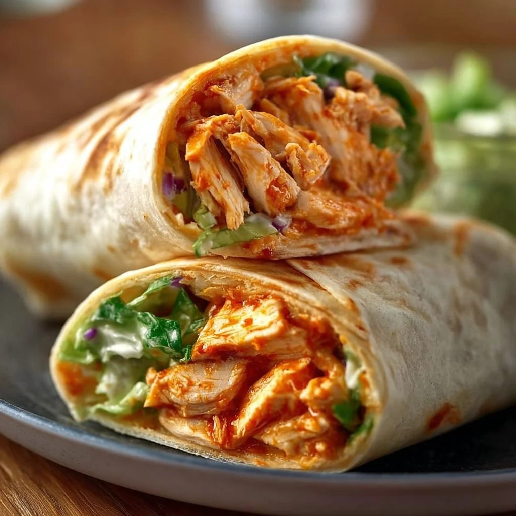 Delicious spicy Buffalo Chicken Wraps served on a plate with fresh vegetables