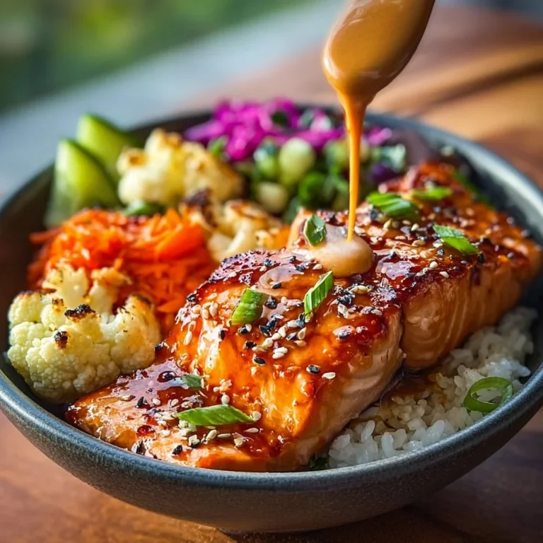 Delicious Sriracha Honey Salmon bowl with fresh vegetables and rice