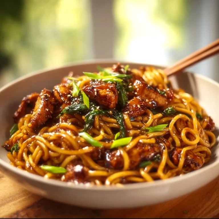 Plate of Sticky Garlic Chicken Noodles with herbs and garlic sauce