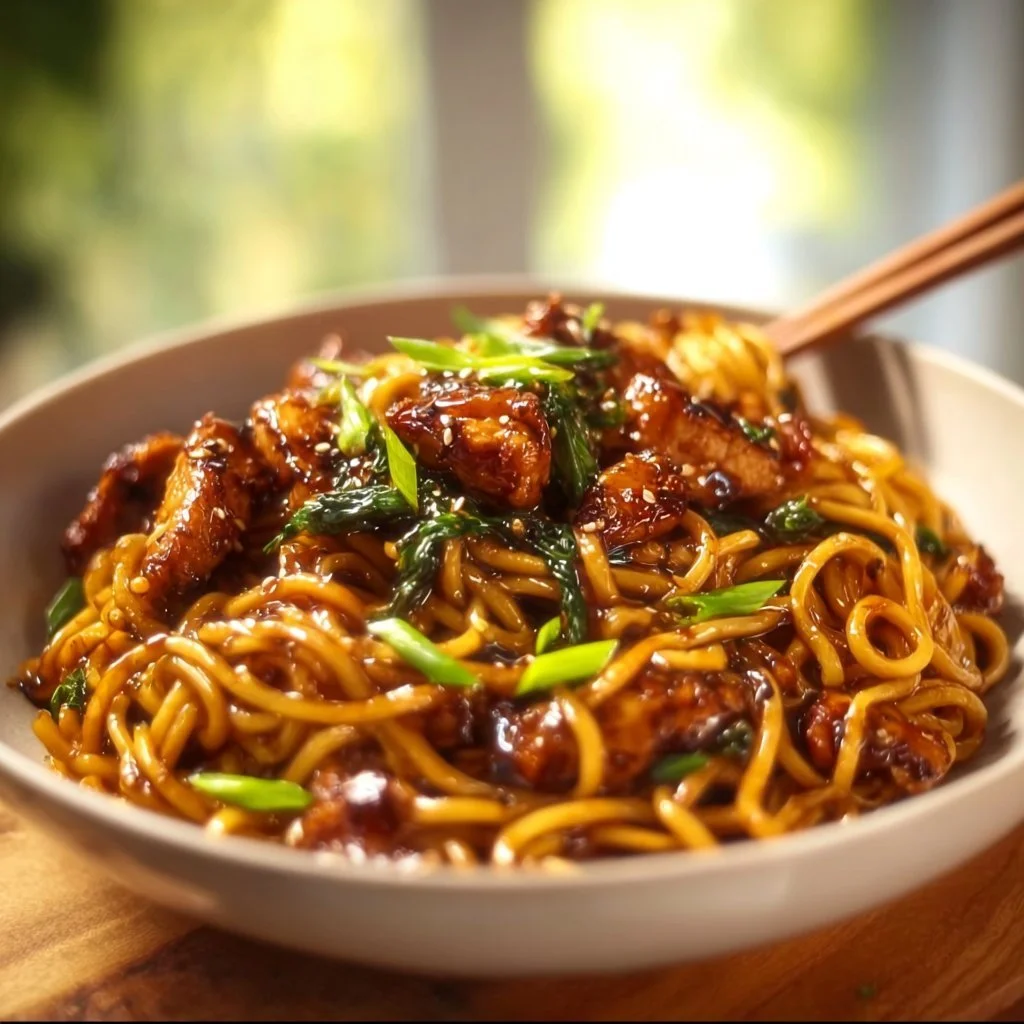 Plate of Sticky Garlic Chicken Noodles with herbs and garlic sauce