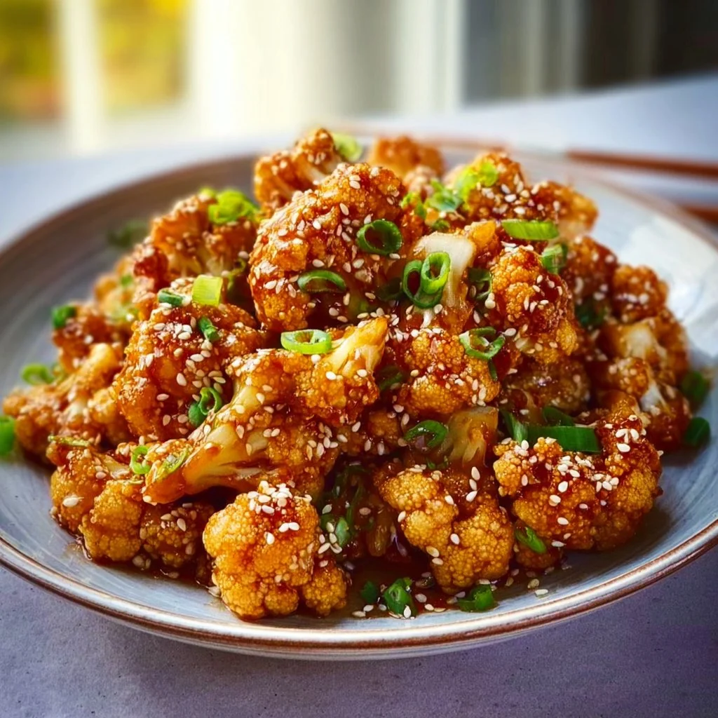 Plate of sticky sesame cauliflower garnished with sesame seeds and green onions