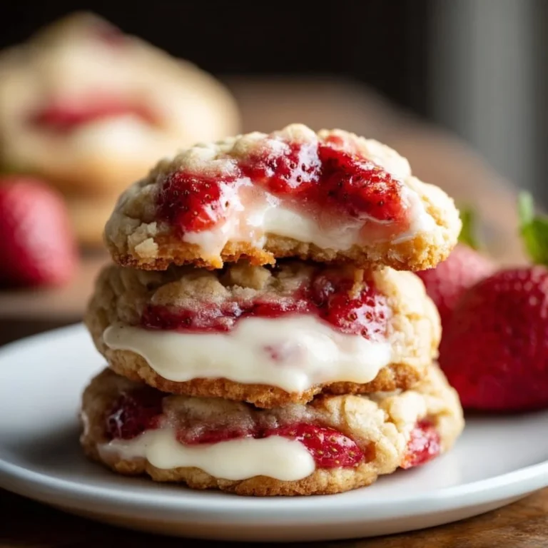 Freshly baked strawberry cheesecake cookies with creamy filling and strawberries