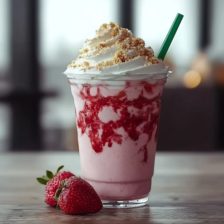 Delicious Strawberry Cheesecake Frappuccino topped with whipped cream and strawberries