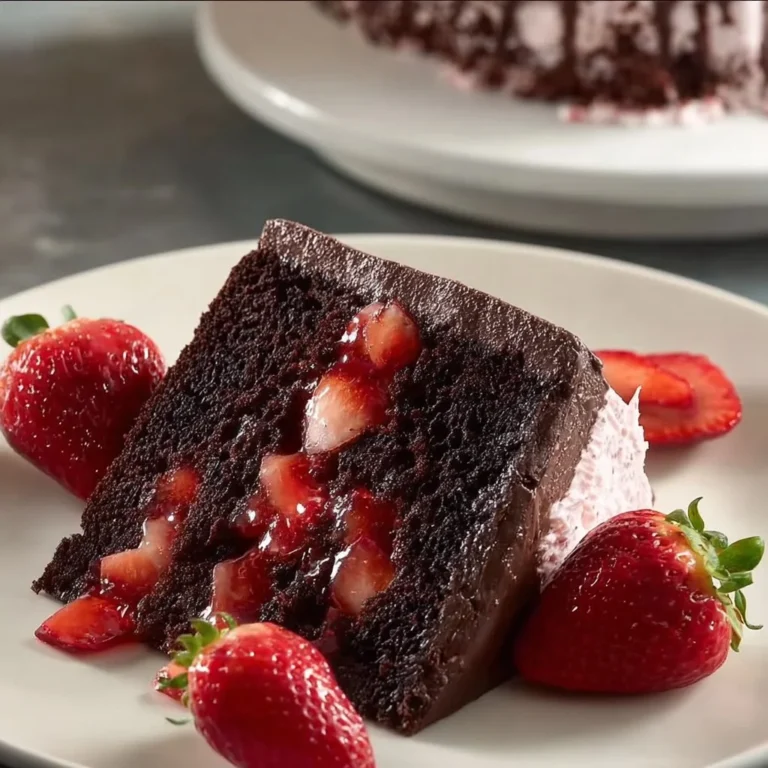 Deliciously layered strawberry chocolate cake topped with fresh strawberries.