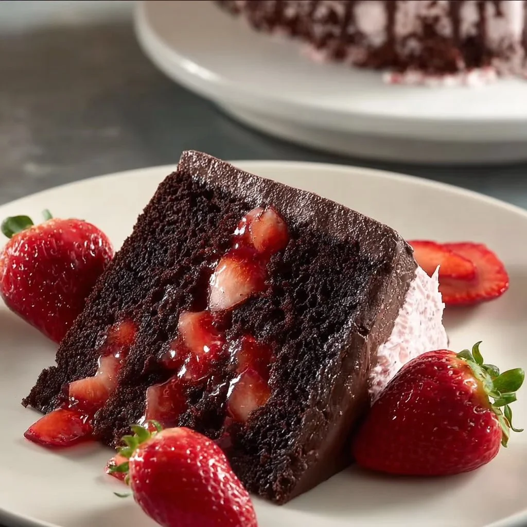 Deliciously layered strawberry chocolate cake topped with fresh strawberries.