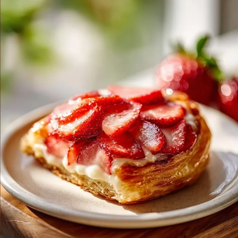Freshly baked Strawberry Danish pastry with strawberry filling and icing