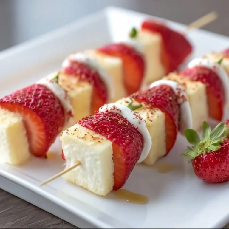 Delicious strawberry shortcake kabobs with fresh strawberries and whipped cream