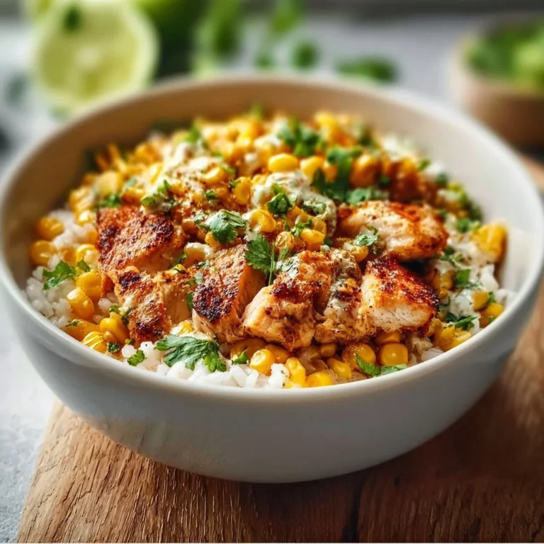 A delicious Street Corn Chicken Rice Bowl featuring grilled chicken and tasty corn.
