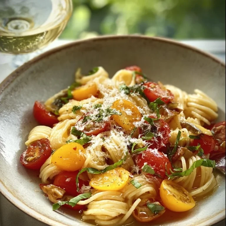 A vibrant bowl of Summer Garden Pasta with fresh vegetables and herbs.