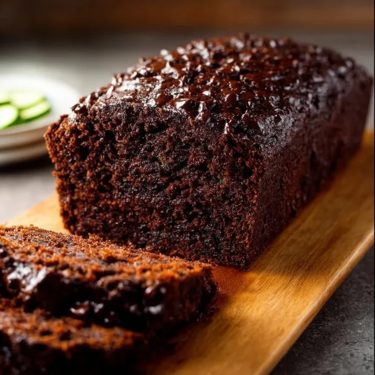 Slices of super moist double chocolate zucchini bread on a rustic table