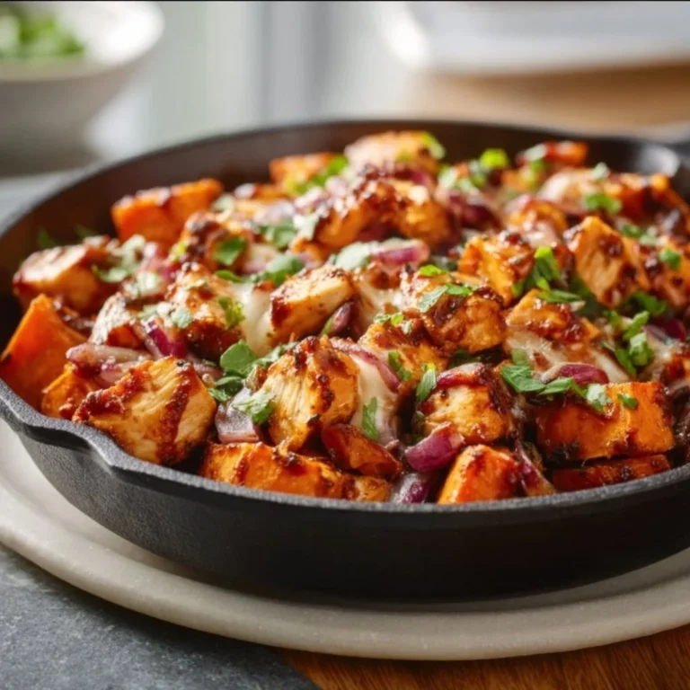 Delicious sweet potato skillet with BBQ chicken served in a vibrant cast iron pan.