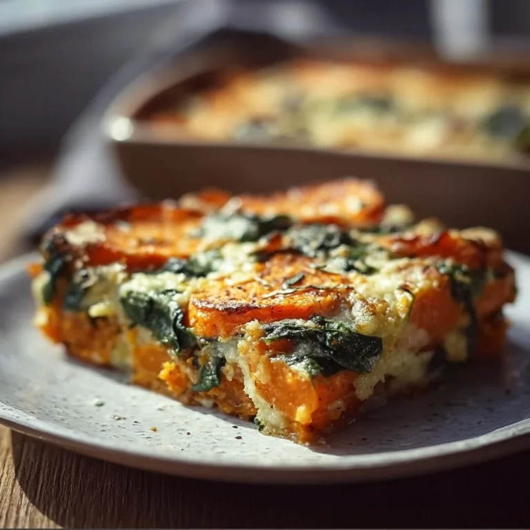 Healthy sweet potato and spinach bake in a ceramic dish