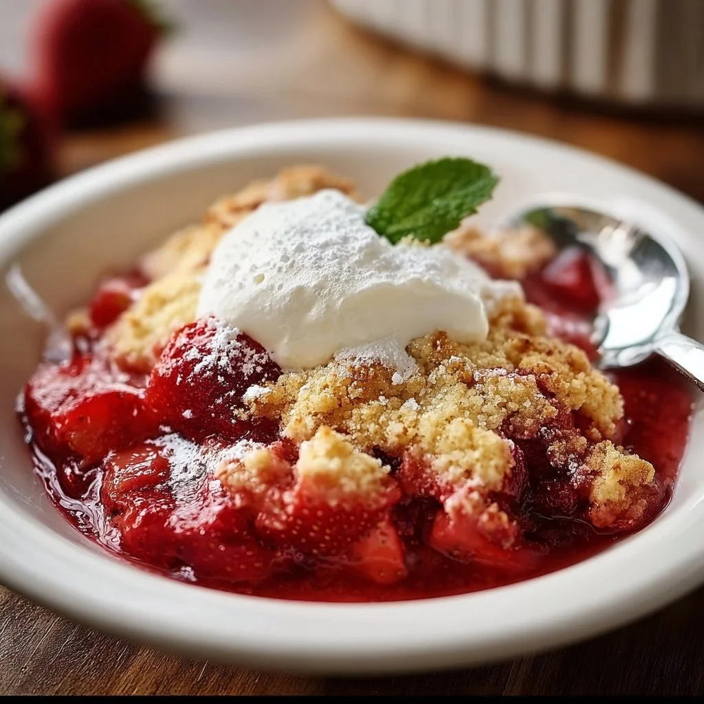 Homemade strawberry cobbler topped with whipped cream and fresh strawberries