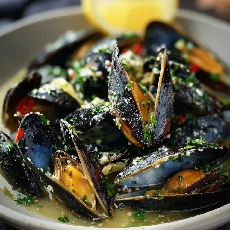 Delicious lemon garlic butter mussels served in a bowl.