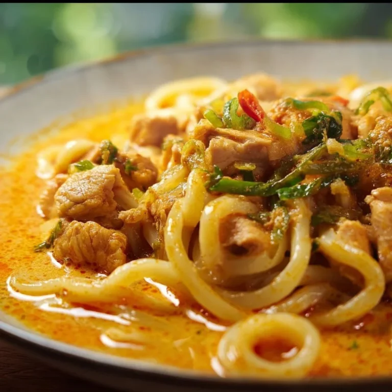 Delicious bowl of Thai-Inspired Coconut Red Curry Chicken Udon with vibrant colors