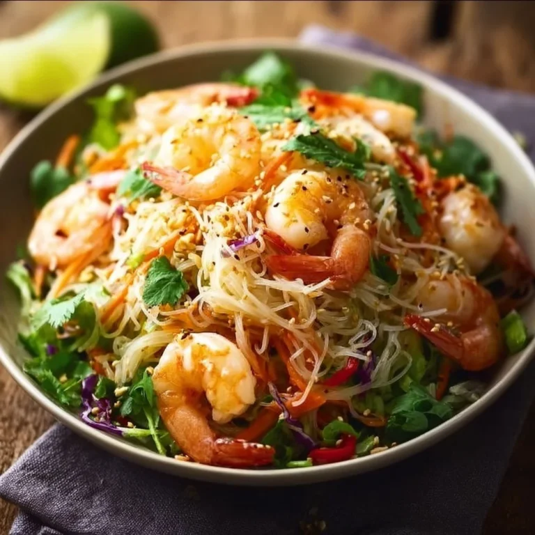 Thai shrimp noodle salad with fresh vegetables and herbs