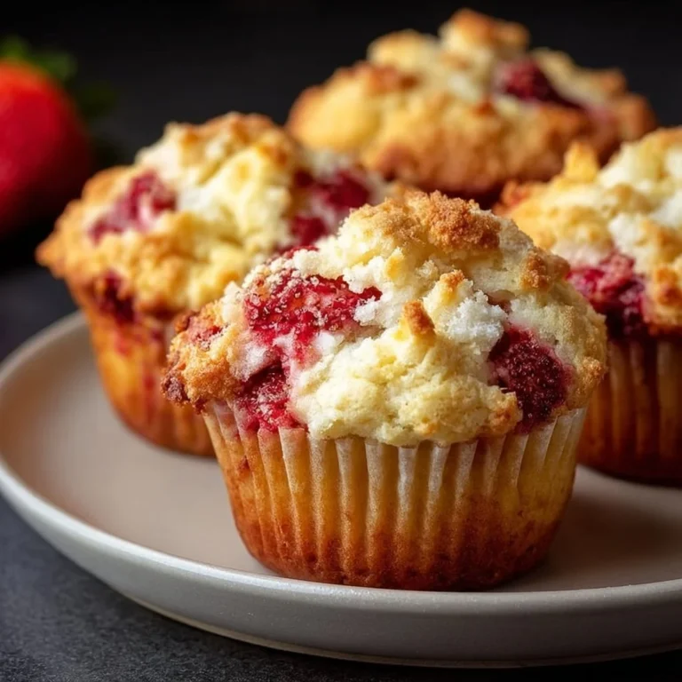 Freshly baked strawberry cheese muffins on a wooden table