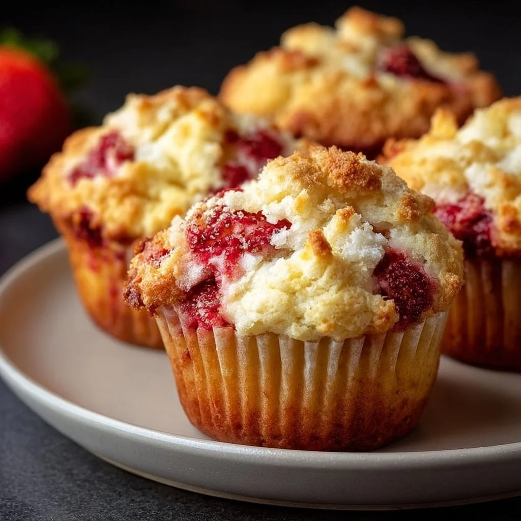 Freshly baked strawberry cheese muffins on a wooden table