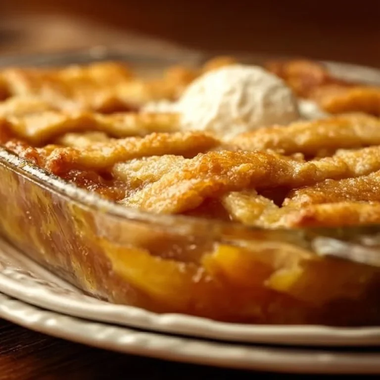 Deliciously baked peach cobbler topped with golden crust and fresh peaches