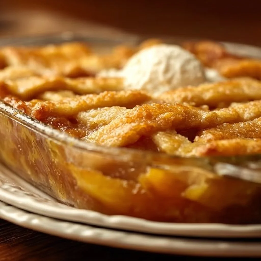 Deliciously baked peach cobbler topped with golden crust and fresh peaches