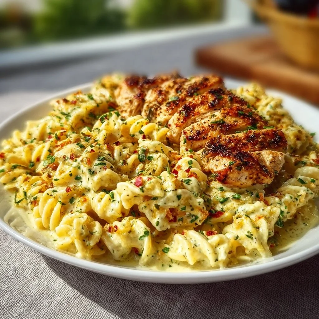 Delicious creamy garlic parmesan chicken pasta served in a bowl