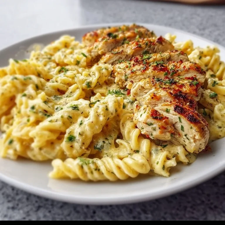 Creamy garlic parmesan chicken pasta dish garnished with herbs