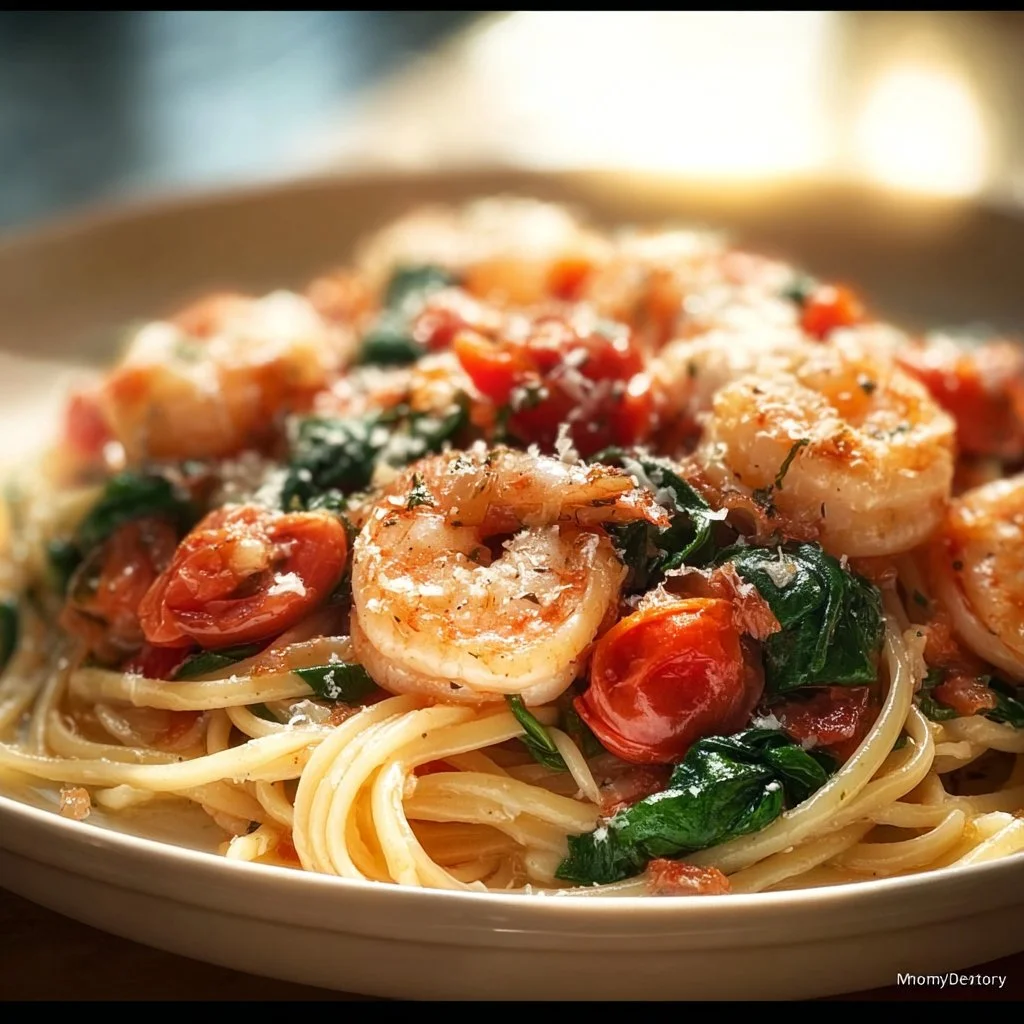Delicious Tomato Spinach Shrimp Pasta dish garnished with fresh herbs